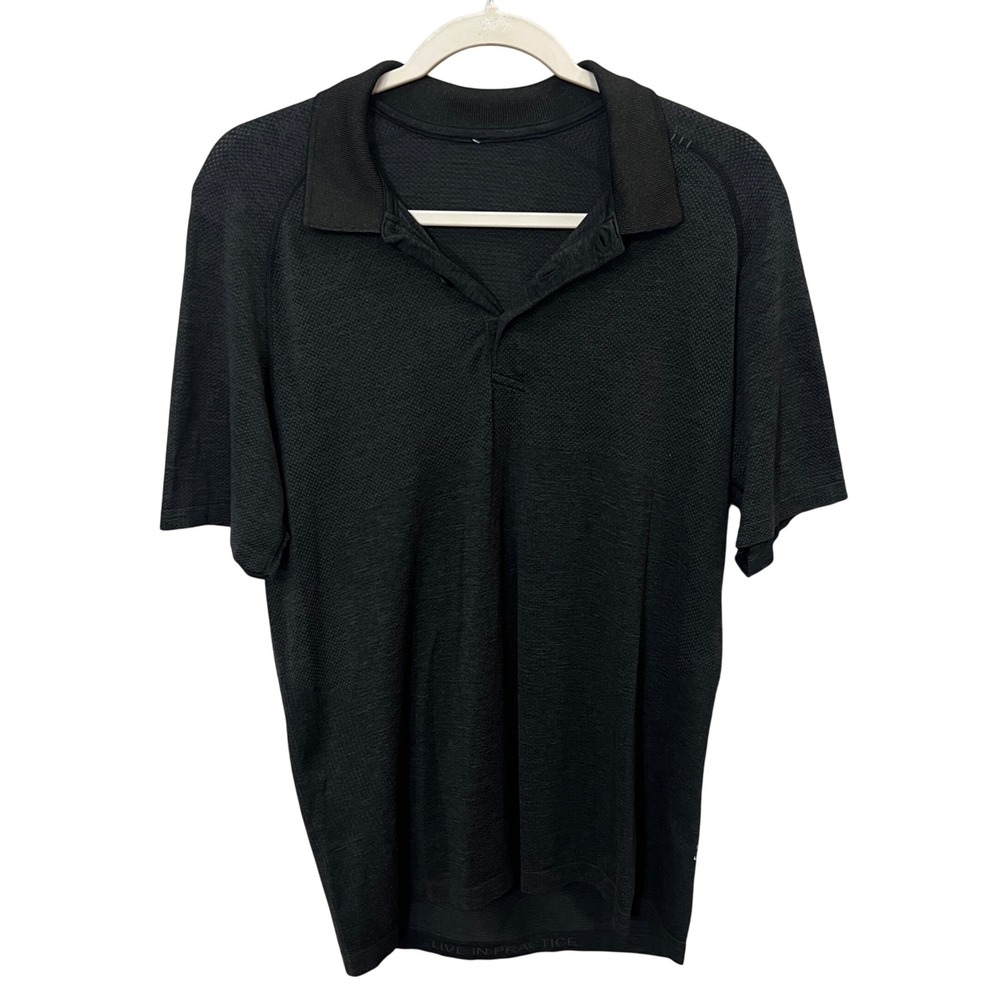 Lululemon Men's Short Sleeve Polo Shirt Black Textured Athletic Fit Size Medium